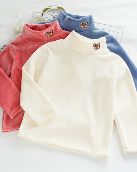 【3Y-12Y】Kids Casual Cartoon Bear Embroidered Half Turtleneck Fleece T-Shirt