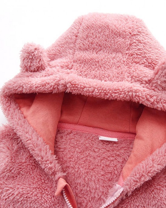 【0M-12M】Unisex Baby Thickened Fleece Hooded Bodysuit Coral Fleece Romper