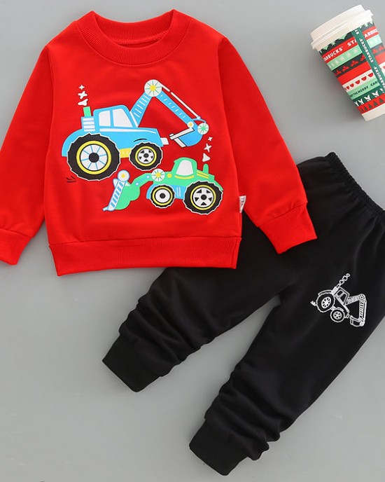 【18M-7Y】2-piece Boys Casual Digger And Shovel Print Round Neck Long Sleeve Sweatshirt And Pants Set