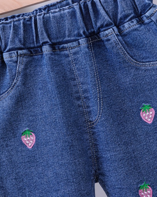 【12M-5Y】Girls Cute Bunny And Cartoon Embroidery Blue Jeans