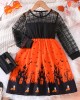 【3Y-7Y】Girls Halloween Printed Orange Round Neck Long Sleeve Dress