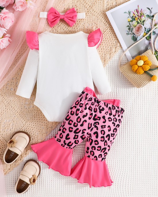 【0M-18M】3-piece Baby Girl Cute Christmas Print Romper And Pink Leopard Pants Set With Bow Hairband