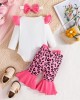 【0M-18M】3-piece Baby Girl Cute Christmas Print Romper And Pink Leopard Pants Set With Bow Hairband