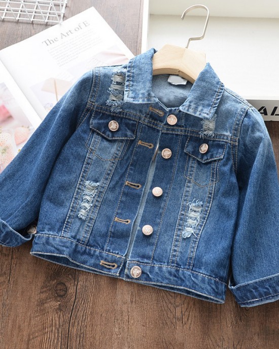 【18M-11Y】Girls Fashion Bow Giraffe Print Blue Denim Jacket - 3142