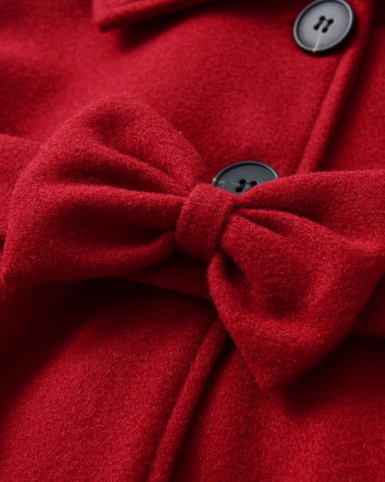 【18M-6Y】Girls Elegant Bow Belt Red Tweed Coat