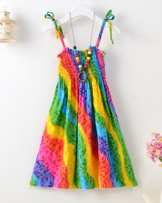 【2Y-13Y】2-piece Girls Fashion Flower And Butterfly Print Slip Bohomia Dress With Necklace - 33323