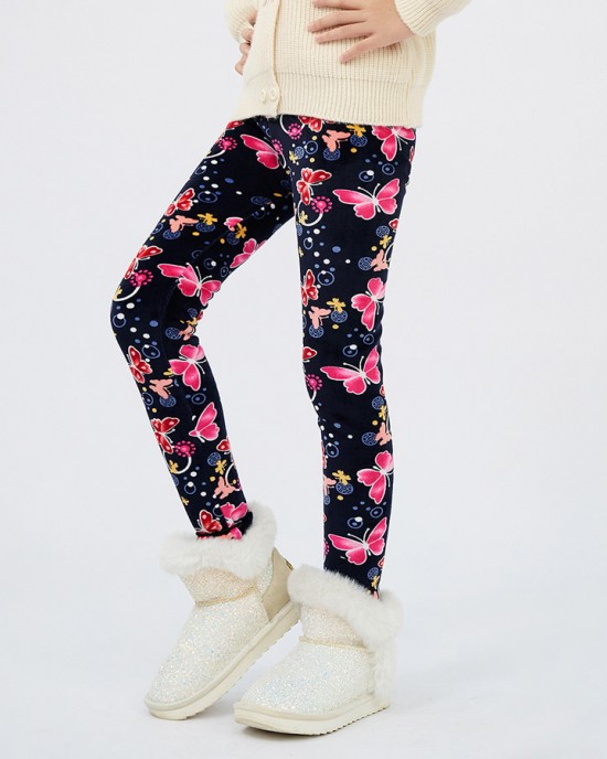 【3Y-12Y】Girls Stylish Leopard And Flowers And Cartoon Print Thickened Fleece Leggings