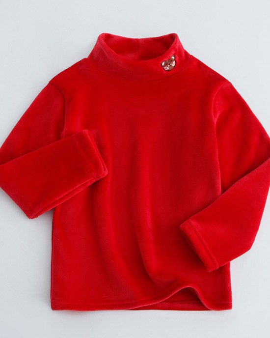 【3Y-12Y】Kids Casual Cartoon Bear Embroidered Half Turtleneck Fleece T-Shirt