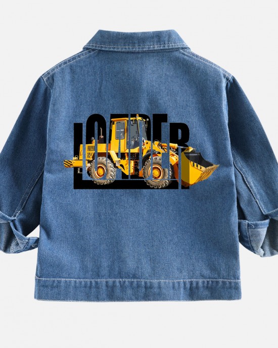 【2Y-10Y】Boys Letter And Front Loader Print Blue Denim Jacket