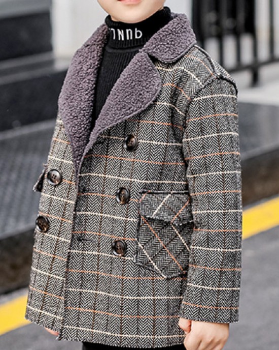 【18M-12Y】Boys Casual Thick Fleece Plaid Jacket