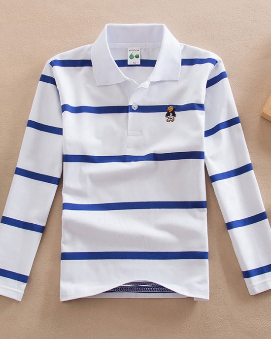 【18M-13Y】Boys Casual Striped Cotton Fabric Long Sleeve Polo Shirt