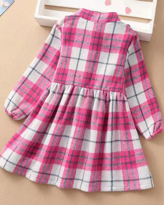 【18M-7Y】Girls Fashion Stand Collar Plaid Long Sleeve Dress