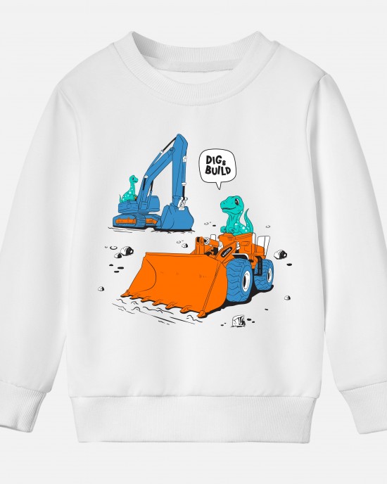 【12M-9Y】Boys Excavator And Dinosaur Print Cotton Stain Resistant Long Sleeve Sweatshirt