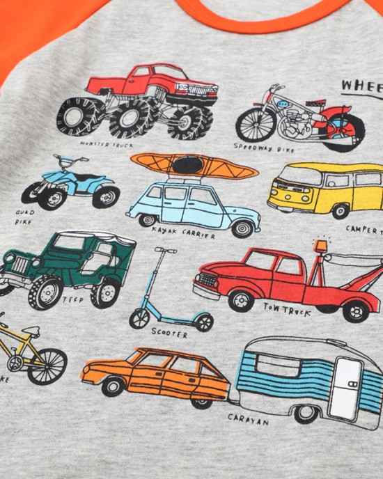 【18M-7Y】Boys Excavators And Cars And Transportation And Construction Vehicles Printed Round Neck Long Sleeve T-shirt