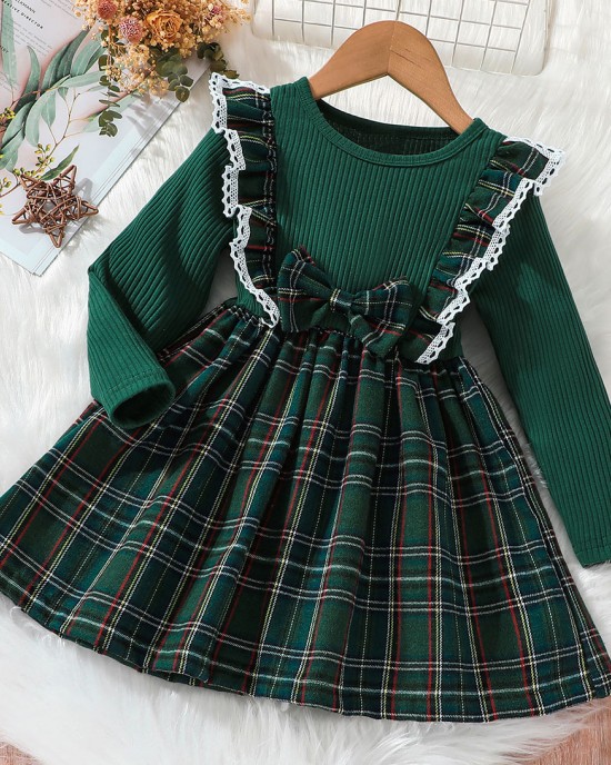 【3M-7Y】2-piece Girls Sweet Plaid Long Sleeve Dress With Hairband - 33255