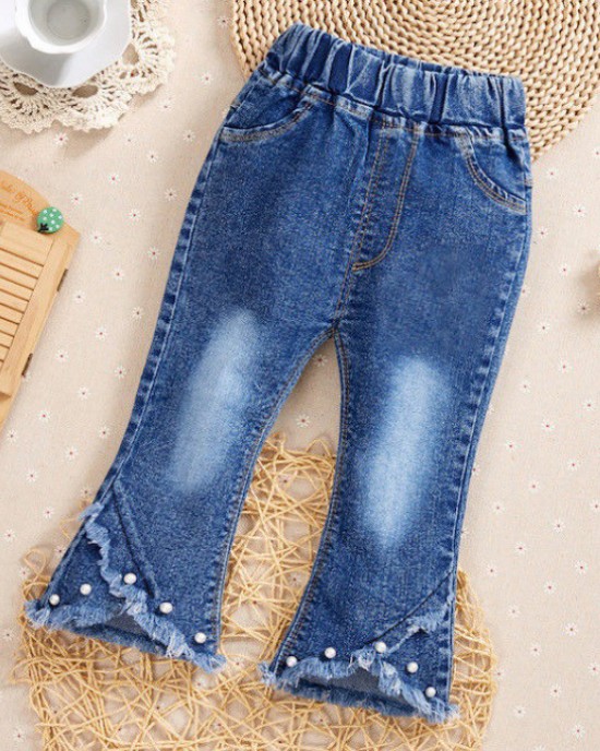 【6M-9Y】Girl Sweet Flowers And Fringed Blue Jeans