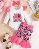 【0M-18M】3-piece Baby Girl Cute Christmas Print Romper And Pink Leopard Pants Set With Bow Hairband