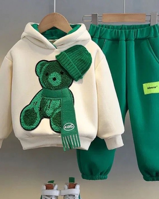 【12M-8Y】2-piece Boys Casual Scarf Bear Embroidered Hooded Sweatshirt And Pants Set