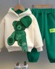 【12M-8Y】2-piece Boys Casual Scarf Bear Embroidered Hooded Sweatshirt And Pants Set