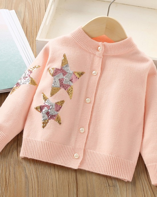 【2Y-8Y】Girls Fashion Sequin Star Embroidered Long Sleeve Sweater Cardigan