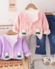 【12M-5Y】3-piece Girls Fashionable White T-shirt And Flower Embroidered Cardigan And Jeans Set - 34427