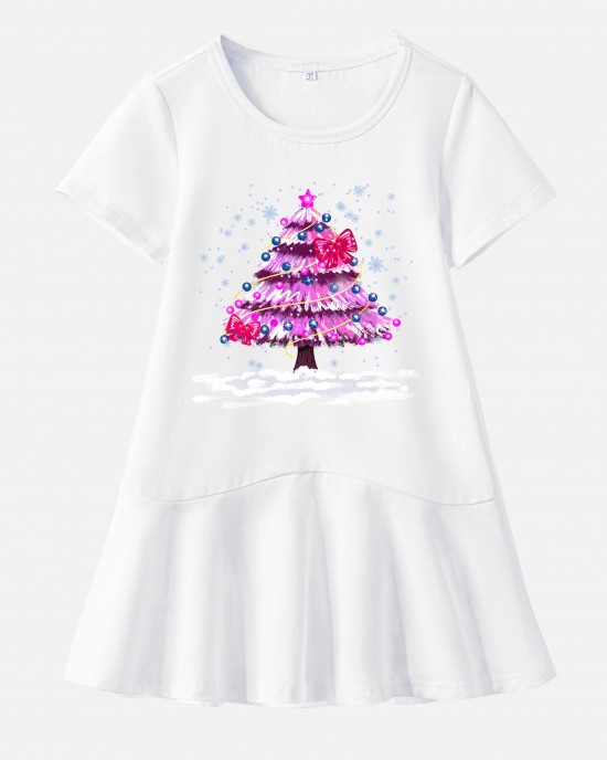 【18M-9Y】Girl Pink Christmas Tree And Bow Print Stain Resistant Cotton Short Sleeve Dress