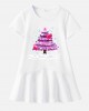 【18M-9Y】Girl Pink Christmas Tree And Bow Print Stain Resistant Cotton Short Sleeve Dress