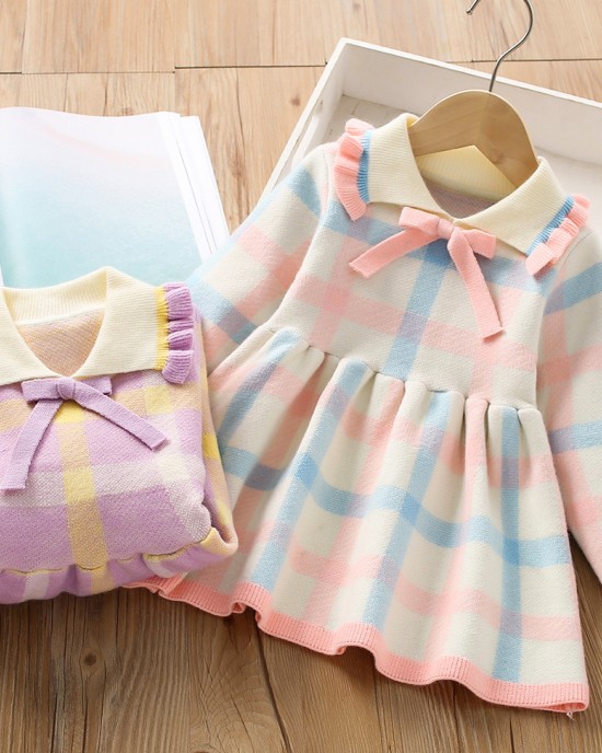 【18M-6Y】Girls Sweet Bow Colorful Plaid Lapel Sweater Dress