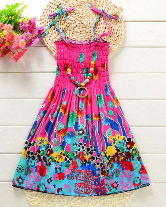 【2Y-13Y】2-piece Girls Fashion Flower And Butterfly Print Slip Bohomia Dress With Necklace - 33323