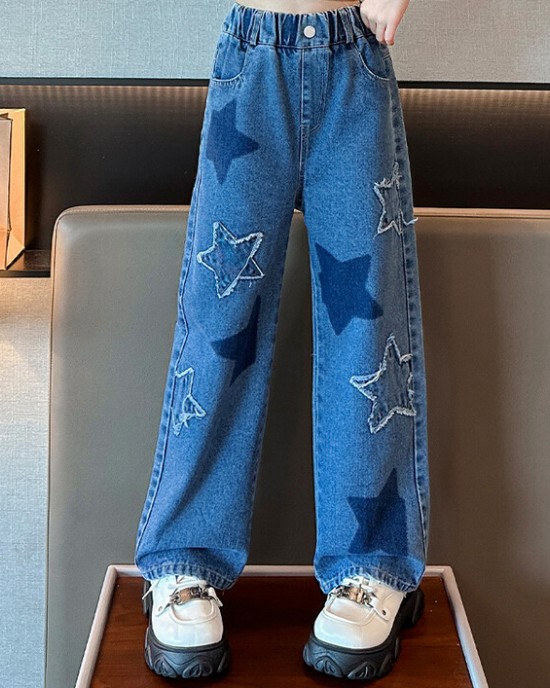 【3Y-12Y】Girls Fashion Star Embroidered Blue Jeans