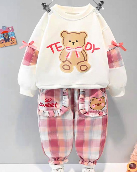 【12M-5Y】2-piece Girls Cute Bear And Letter Print Round Neck Long Sleeve Sweatshirt And Plaid Pants Set - 34423