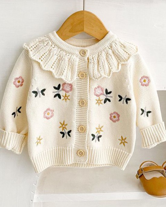 【12M-6Y】Girls Cute Floral Embroidered Lapel Sweater Cardigan (Hat Not Included)