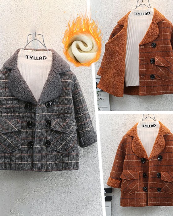 【18M-12Y】Boys Casual Thick Fleece Plaid Jacket