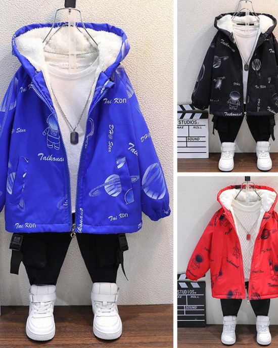 【2Y-10Y】Boys Casual Cartoon Astronaut Print Thickened Fleece Hooded Jacket