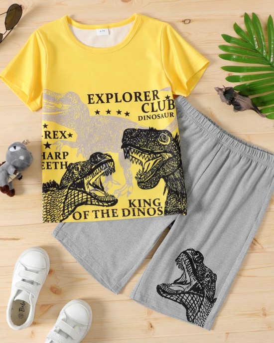 【4Y-13Y】2-piece Boys Casual Dinosaur Print Round Neck Short Sleeve T-shirt And Shorts Set