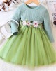 【18M-6Y】Girls Fashion Floral Embroidery Round Neck Long Sleeve Mesh Dress