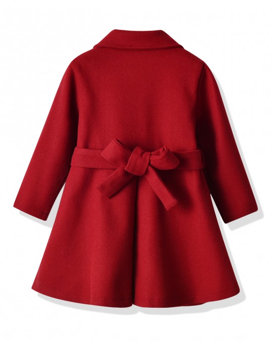 【18M-6Y】Girls Elegant Bow Belt Red Tweed Coat