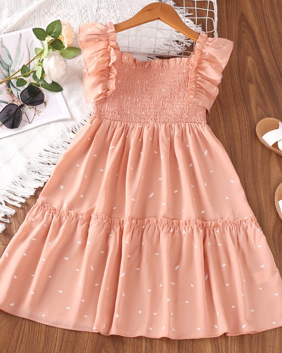 【4Y-13Y】Girls Sweet Polka Dot Print Puff Sleeve Dress - 33204