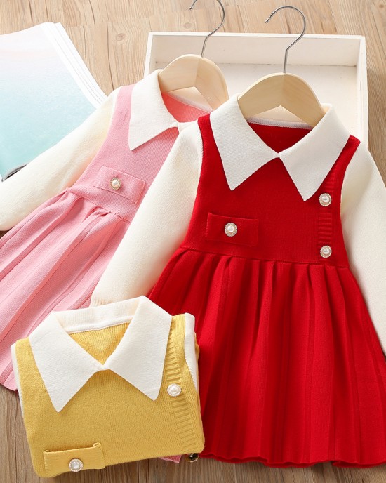 【18M-6Y】Girls Fashionable Fake Two Piece Lapel Sweater Dress