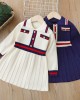 【18M-6Y】Girls Fashion Striped Patchwork Lapel Long Sleeve Dress - 33341