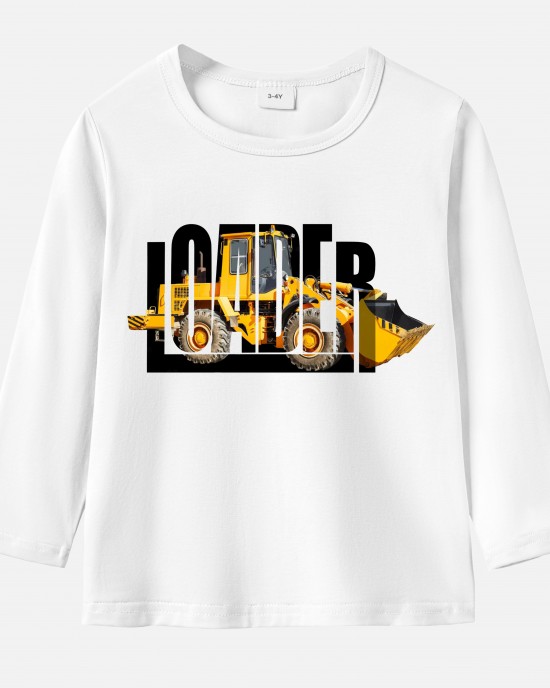 【12M-9Y】Boys Letter And Front Loader Print Cotton Stain Resistant Long Sleeve T-shirt