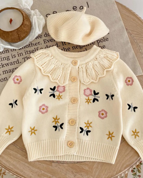 【12M-6Y】Girls Cute Floral Embroidered Lapel Sweater Cardigan (Hat Not Included)