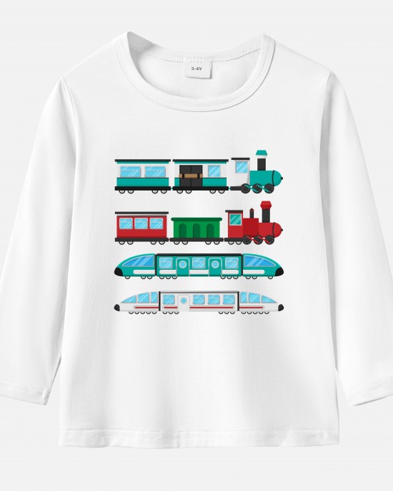 【12M-9Y】Kids Train Print Cotton Stain Resistant Long Sleeve T-shirt