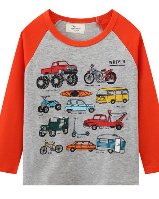 【18M-7Y】Boys Excavators And Cars And Transportation And Construction Vehicles Printed Round Neck Long Sleeve T-shirt