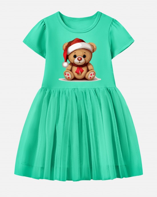 【12M-7Y】Girl Christmas Bear Print Cotton Stain Resistant Cartoon Splicing Tulle Short Sleeve Dress