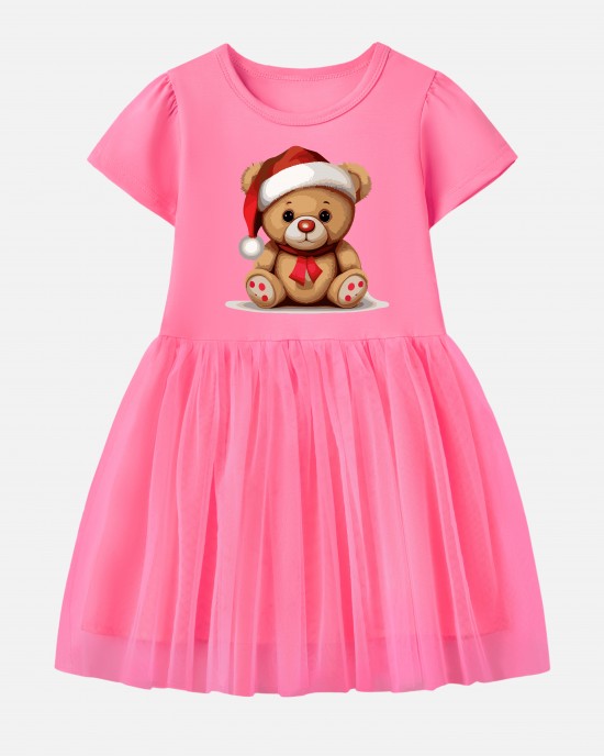 【12M-7Y】Girl Christmas Bear Print Cotton Stain Resistant Cartoon Splicing Tulle Short Sleeve Dress