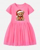 【12M-7Y】Girl Christmas Bear Print Cotton Stain Resistant Cartoon Splicing Tulle Short Sleeve Dress