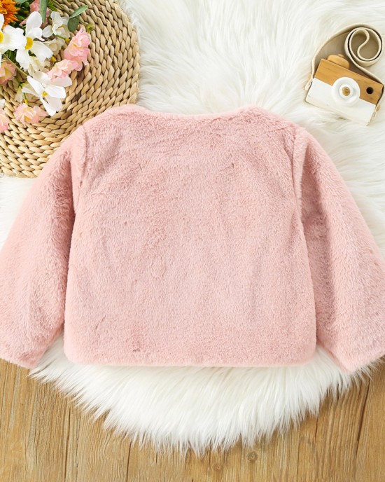 【12M-4Y】Girls Sweet Bow And Pearl Faux Fur Coat