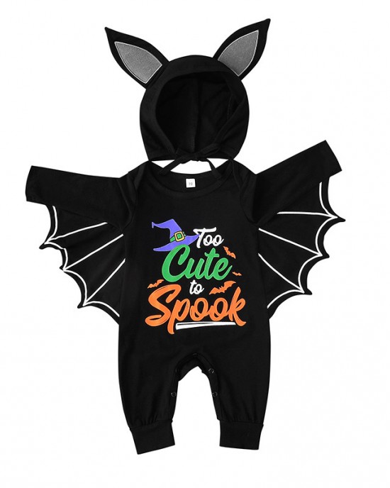 【6M-3Y】2-piece Baby Halloween Print Black Bat Romper With Hat