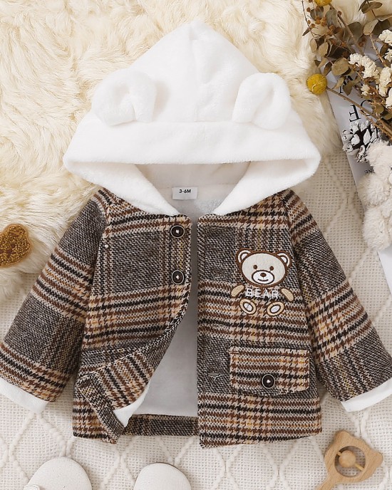 【3M-24M】Unisex Baby Bear Embroidered Padded Fleece Hooded Jacket